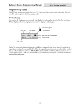 Page 37Galaxy 3 Series Programming Manual
31
Programming Codes
Each PIN user has access to modify their own PIN. Users do not have access to user codes other than their
own. The only exception to this is the manager code.
1 = User Codes
Enter option 42=Codes and select option 1=User Codes. Press the ent key; details of the first user (User
001) are displayed. The following typical information is displayed on the keypad.
42 - Codes (cont’d)
Group mode User NoUser Name
001 001001 001
001
 User  User User  User...