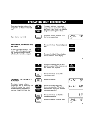 Page 1115
To temporarily raise or lower the
temperature for the current period
only.
If you change your mind.WARMER
COOLER
TUE
LEAVEPMSET
PTRUN
PROGRAM
AHEAD
BACK
RUN
PROGRAM
WARMER
COOLER
SLEEP
WAKELEAVE
RETURN
DAY
Press and hold until the desired
temperature is reached. The display
will flash TEMPORARY until the next
programmed time period starts.
Press and release to cancel any of
the temporary settings.
Press and release the desired period
key.
Press and hold until the desired day
schedule shows on the...