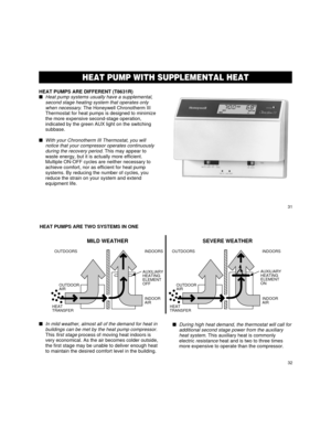 Page 19HEAT PUMP WITH SUPPLEMENTAL HEAT
HEAT PUMPS ARE DIFFERENT (T8631R)
nHeat pump systems usually have a supplemental,
second stage heating system that operates only
when necessary
. The Honeywell Chronotherm III
Thermostat for heat pumps is designed to minimize
the more expensive second-stage operation,
indicated by the green AUX light on the switching
subbase.
n
With your Chronotherm III Thermostat, you will
notice that your compressor operates continuously
during the recovery period
. This may appear to...