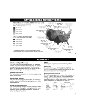Page 2339
40
7% TO 9%
10% TO 11%
12% TO 14%
15% TO 18% ONE 5  F ENERGY SAVINGS PERIOD*
75  TO 80  F; 8 HRS/DAY
11% TO 15%
16% TO 18%
19% TO 22%
23% TO 33% TWO 5  F ENERGY SAVINGS PERIODS*
75  TO 80  F; 9 HRS/DAY, 7 HRS/NIGHT
M 211B o o
o
oo
o
PERCENTAGE OF COOLING ENERGY YOU CAN SAVE
* Actual savings depend on your home, geographic location,
number of energy saving periods and energy savings temperature.
SEATTLE, WA
16% - 23%BILLINGS, MT
9% - 16%MPLS., MN
12% - 20%CHICAGO, IL
13% - 20%
CINCINNATI, OH
12% -...