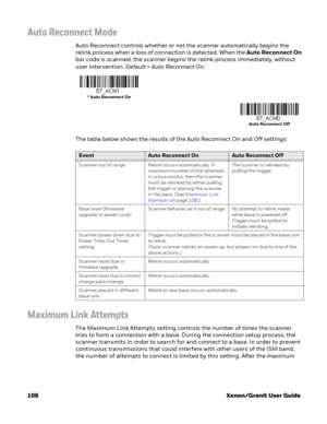 Page 128108 Xenon/Granit User Guide
Auto Reconnect Mode
Auto Reconnect controls whether or not the scanner automatically begins the 
relink process when a loss of connection is detected. When the Auto Reconnect On 
bar code is scanned, the scanner begins the relink process immediately, without 
user intervention. Default = Auto Reconnect On.
The table below shows the results of the Auto Reconnect On and Off settings: 
Maximum Link Attempts
The Maximum Link Attempts setting controls the number of times the...