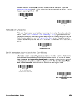 Page 151Xenon/Granit User Guide 131mitted. Scan the following On bar code to use character activation, then use 
Activation Character (page 131) to select the character you will send from the host 
to start scanning. Default = Off.
Activation Character
This sets the character used to trigger scanning when using Character Activation 
Mode. On the ASCII Conversion Chart (Code Page 1252), page 342, find the hex 
value that represents the character you want to use to trigger scanning. Scan the 
following bar code,...