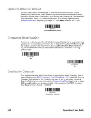 Page 152132 Xenon/Granit User Guide
Character Activation Timeout
You can set a timeout for the length of time the illumination remains on and 
attempting to decode bar codes when using Character Activation Mode. Set the 
length (in milliseconds) for a timeout by scanning the following bar code, then set-
ting the timeout (from 1-300,000 milliseconds) by scanning digits from the 
Programming Chart, beginning on page 353, then Save. Default = 30,000 ms.
Character Deactivation
If you have sent a character from the...