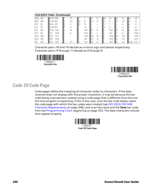 Page 212192 Xenon/Granit User GuideCharacter pairs /M and /N decode as a minus sign and period respectively.
Character pairs /P through /Y decode as 0 through 9.
Code 39 Code Page
Code pages define the mapping of character codes to characters. If the data 
received does not display with the proper characters, it may be because the bar 
code being scanned was created using a code page that is different from the one 
the host program is expecting. If this is the case, scan the bar code below, select 
the code page...