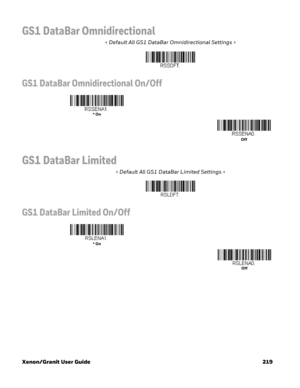 Page 239Xenon/Granit User Guide 219
GS1 DataBar Omnidirectional
< Default All GS1 DataBar Omnidirectional Settings >
GS1 DataBar Omnidirectional On/Off
GS1 DataBar Limited
< Default All GS1 DataBar Limited Settings >
GS1 DataBar Limited On/Off
* On
Off
* On
Off 