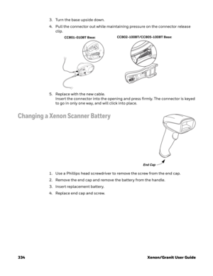 Page 354334 Xenon/Granit User Guide3. Turn the base upside down.
4. Pull the connector out while maintaining pressure on the connector release 
clip.
5. Replace with the new cable. 
Insert the connector into the opening and press firmly. The connector is keyed 
to go in only one way, and will click into place.
Changing a Xenon Scanner Battery
1. Use a Phillips head screwdriver to remove the screw from the end cap.
2. Remove the end cap and remove the battery from the handle.
3. Insert replacement battery.
4....