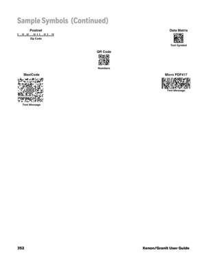 Page 372352 Xenon/Granit User Guide
Sample Symbols  (Continued)
Postnet
Zip Code
Data Matrix
Test Symbol
QR Code
Numbers
MaxiCode
Test Message
Micro PDF417
Test Message 