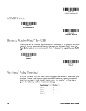 Page 4020Xenon/Granit User Guide
ACK /NAK Mode
Remote MasterMind™ for USB
When using a USB interface, you may wish to configure your scanner to communi-
cate with Remote MasterMind Scanner Management Software (ReM). Scan the 
ReM On bar code to communicate with ReM. To disable this capability, scan ReM 
Off. 
Verifone® Ruby Terminal
Scan the following Plug and Play code to program the scanner for a Verifone Ruby 
terminal. This bar code sets the baud rate to 1200 bps and the data format to 8 
data bits, mark...