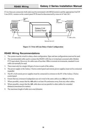 Page 2618
Galaxy 2 Series Installation Manual
RS485 Wiring Recommendations
1. The system must be wired in a daisy-chain configuration. Spur and star configurations must not be used.
2. The recommended cable used to connect the RS485 (AB) line is twisted pair screened cable (Belden
8723 equivalent). However, for cable runs of less than 100m in normal environments, standard 4-core
cable can normally be used.
3. There must only be a single AB pair of wires in each of the cables.
4. The power supply in the Galaxy 2...