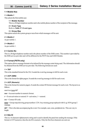 Page 9890
Galaxy 2 Series Installation Manual
1 = Mobile Nos
1 = Mobile 1
This selects the first mobile user.
1 = Mobile Number
This is a 20 digit telephone number and is the mobile phone number of the recipient of the message.
2 = Event Type
Refer to Table 27. Event types.
3 = Group Map
This option selects the system group or area from which messages will be sent.
2 = Mobile 2
As per mobile 1.
3 = Mobile 3
As per mobile 1.
2 = Centre No
This is a 20 digit telephone number and is the phone number of the SMS...