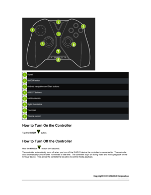 Page 54Copyright © 2015 NVIDIA Corporation 
 
 
 
 
D-pad 
 
NVIDIA button 
 
Android navigation and Start buttons 
 
A-B-X-Y buttons 
 
Left thumbstick 
 
Right thumbstick 
 
Touchpad 
 
Volume control 
  
How to Turn On the Controller 
Tap the NVIDIA  button. 
  
How to Turn Off the Controller 
Hold the NVIDIA  button for 6 seconds. 
The controller automatically turns off when you turn off the SHIELD device the controller is connected to.  The controller also automatically turns off after 10 minutes of idle...