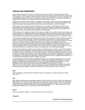 Page 84Copyright © 2015 NVIDIA Corporation 
 
 
notices and trademarks 
The information provided in this document is believed to be accurate and reliable as of the date provided. However, NVIDIA Corporation (“NVIDIA”) does not give any representations or warranties, expressed or implied, as to the accuracy or completeness of such information. NVIDIA shall have no liability for the consequences or use of such information or for any infringement of patents or other rights of third parties that may result from its...