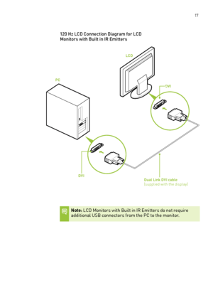 Page 22 17
120 Hz lCD Connection Diagram for l CD monitors with b uilt in IR Emitters
Note: lCD m onitors with b uilt in IR emitters do not require additional U sb connectors from the PC to the monitor.
PC
LCD 
DVI
Dual Link DVI cable (supplied with the display)
    DVI     