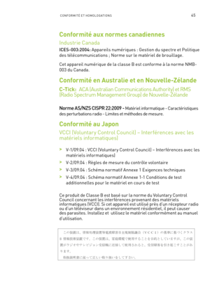 Page 22445CONFORMITÉ ET HOMOLOGATIONS
Conformité aux normes canadiennes
Industrie Canada
ICES-003:2004: Appareils numériques : Gestion du spectre et Politique 
des télécommunications ; Norme sur le matériel de brouillage.
Cet appareil numérique de la classe B est conforme à la norme NMB-
003 du Canada.
Conformité en Australie et en Nouvelle-Zélande  
C -T i c k :  ACA (Australian Communications Authority) et RMS  
(Radio Spectrum Management Group) de Nouvelle-Zélande 
Norme AS/NZS CISPR 22:2009 - Matériel...