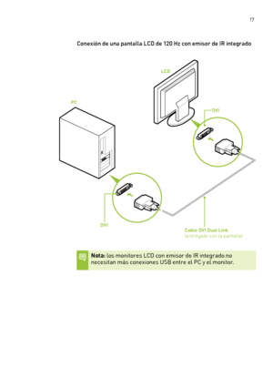Page 312 17
Conexión de una pantalla LCD de 120 Hz con emisor de IR integrado
Nota: los monitores LCD con emisor de IR integrado no necesitan más conexiones USB entre el PC y el monitor.
PC
LCD 
DVI
Cable DVI Dual Link  (entregado con la pantalla)
    DVI     