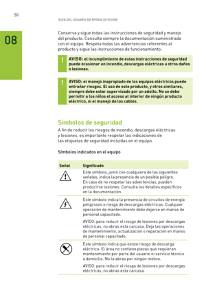 Page 34550GUÍ A DEL USUA RIO DE N V IDI A 3D V ISION
Conser va y sigue todas las instrucciones de seguridad y manejo 
del producto. Consulta siempre la documentación suministrada 
con el equipo. Respeta todas las adver tencias referentes al 
producto y sigue las instrucciones de funcionamiento.
AV ISO: el incumplimiento de estas instrucciones de seguridad puede ocasionar un incendio, descargas eléctricas u otros daños o lesiones.
AV ISO: el manejo inapropiado de los equipos eléctricos puede entrañar riesgos. El...