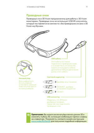 Page 36411УСТАНОВК А И НАСТРОЙК А
\bроводные очки 
Проводн\bе очки 3D Vision предназначен\b д ля работ\b \f 3D Vision 
мониторами. Проводн\bе очки не и\fпользуют USB ИК излучатель, 
котор\bй по\f тавляет\fя в комплек те \f бе\fпроводн\bми очками и 3D 
Vision ноу тбуками. 
USB кабель 
Этот кабель по\fтоянно подк лючен к проводн\bм очкам и не может б\bть отк лючен.В\b можете и\fпользовать кабели-удлинители USB для увеличения длин\b этого кабеля.
USB коннектор
Убедите\fь, что 3D Vision драйвер у\fтановлен, перед...