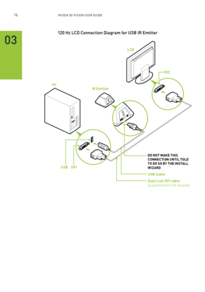 Page 7916nV IDI a 3D V I sIon U seR GUID e
03
120 Hz l CD Connection Diagram for US b IR Emitter
IR EmitterPC
LCD 
DVI
DO NOT MAKE THIS CONNECTION UNTIL TOLD TO DO SO BY THE INSTALL WIZARD
USB Cable
Dual Link DVI cable (supplied with the display)
USB    DVI                                                  