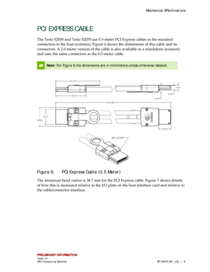 Page 12Mechanical SPecifications 
PRELIMINARY INFORMATION  Tesla 1U  
GPU Computing Systems  SP-04975- 001_v02   |  8 
PCI EXPRESS CABLE  
The Tesla S2050 and Tesla S2070 use  0.5- meter PCI Express cables as the standard 
connection to the host system(s). Figure 6 shows the dimensions of this cable and its 
connectors. A 2. 0 -meter version of the cable is also available as a standalone accessory 
and uses t he same connectors as the 0.5 -meter cable.  
 
Note: For Figure 6 the dimensions are in millimeters...