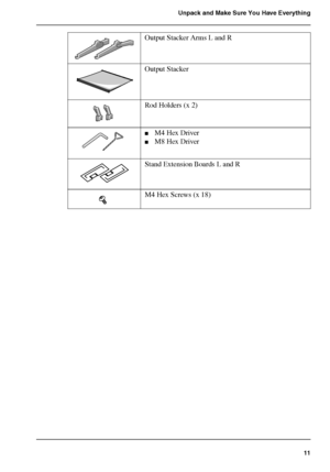 Page 1111
Unpack and Make Sure You Have Everything
[26] Output Stacker Arms L and R
[27] Output Stacker
[28] Rod Holders (x 2)
[29] ■M4 Hex Driver 
■M8 Hex Driver
[30] Stand Extension Boards L and R
[31] M4 Hex Screws (x 18)
Downloaded From ManualsPrinter.com Manuals 