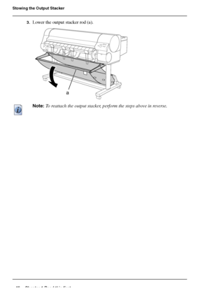 Page 4646 Chapter 1 Read this first
Stowing the Output Stacker
3.Lower the output stacker rod (a).[125] 
Note: To reattach the output stacker, perform the steps above in reverse.
a
Downloaded From ManualsPrinter.com Manuals 