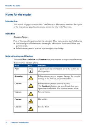 Page 12Notes for the reader
Introduction
This manual helps you to use the Océ ColorWave 300. The manual contains a description
of the product and guidelines to use and operate the Océ ColorWave 300.
Definition Attention-Getters
Parts
 of this manual require your special attention. These parts can provide the following:
■ Additional general information, for example, information that 
is useful when you
perform a task.
■ Information

 to 
prevent personal injuries or property damage.
Note,
 Attention and Caution...