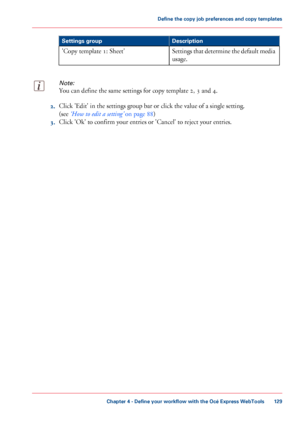 Page 129Description
Settings group
Settings that determine the default media
usage.
'Copy template 1: Sheet'
Note:
You can define the same settings for copy template 2, 3 and 4. 2.
Click 
'Edit' in the settings group bar or click the value of a single setting.
(see
 ‘How to edit a setting’  
on page 88)
3. Click 
'Ok' to confirm your entries or 'Cancel' to reject your entries.
Chapter 4
 - Define your workflow with the Océ Express WebTools 129Define the copy job preferences and...