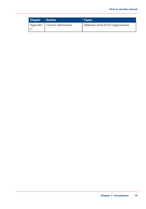 Page 19Topics
Section
Chapter
Addresses of local Océ organizations.
General information Appendix
C
Chapter 1
 - Introduction 19How to use this manual
Downloaded From ManualsPrinter.com Manuals 