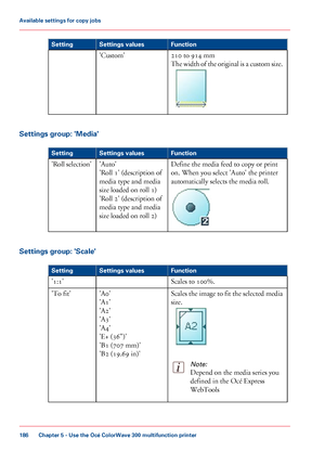 Page 186Function
Settings values
Setting
210 to 914 mm
The width of the original is a custom size. 'Custom'
Settings group: 'Media' #
Function
Settings values
Setting
Define the media feed 
to copy or print
on.
 When you 
select 'Auto' the printer
automatically
 selects the media roll. 'Auto'
'Roll 1' (description of
media type and media
size

 
loaded on roll 1)
'Roll
 
2' (description of
media type and media
size

 
loaded on roll 2)
'Roll
 selection'...