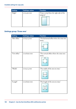 Page 190Function
Settings values
Setting
'Erase a strip from the right side of the
original.' 0 to 400 mm
'Right'
Settings group: 'Erase area' #
Function
Settings values
Setting
'The horizontal offset where the erase area
starts.'0
 to 914 mm
'Hor offset'
'The 
vertical offset where the erase area
starts.' 0 to 6000 mm
'Vert offset'
'The 
width of the area to erase.'0 to 914 mm
'Width'
'The 
length of the area to erase.'0 to 6000...