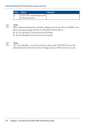 Page 212Remarks
Action
Step
Click 'OK' to send the print job
to the print queue.
6
Note:
More information about how to install, configure and use the driver is available in the
documentation 
provided with the Océ Windows ®
 Printer Driver.
■ the
 Océ 
Windows ®
 Printer Driver Online Help
■ the Océ 
Windows ®
 Printer Driver User manual
Note:
The Océ ColorWave 300 is delivered with a driver pack CD-ROM. You can also
download the latest Océ 
drivers, free of charge, from our Web site www.oce.com. Chapter...