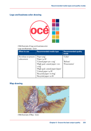 Page 229Logo and business color drawing
[194] Example of logo and business color
Logo and Business -
 Color #
Recommended quality
mode
Recommended media type
When to use
'Color'
.
'Release'
'Presentation'
'Paper 90g'
'Paper

 24
 lb'
'Coated paper 90-130g'
'High

 
qual. coated paper 120-
170g'
'High
 
qual. coated paper Japan'
'Coated
 paper 24
 lb'
'Recycled paper 70-80g'
'Recycled

 paper 20
 lb'
To release or present
a...