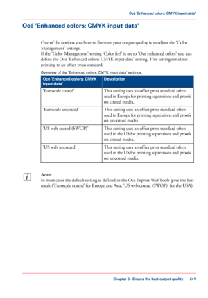 Page 241Océ 'Enhanced colors: CMYK input data'
One of the options you have to finetune your output quality is to adjust the 'Color
Management'
 settings.
If

 the 'Color Management' setting 'Color feel' is set to 
'Océ enhanced colors' you can
define the Océ 
'Enhanced colors: CMYK input data' setting. This setting simulates
printing
 to 
an offset press standard.
Overview
 of the 'Enhanced colors: CMYK input data' settings. #
Description
Océ 'Enhanced...