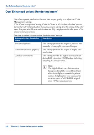 Page 242Océ 'Enhanced colors: Rendering intent'
One of the options you have to finetune your output quality is to adjust the 'Color
Management'
 settings.
If

 the 'Color Management' setting 'Color feel' is set to 
'Océ enhanced colors' you can
define the Océ 
'Enhanced colors: Rendering intent' setting. Use this setting if the color
space
 
that your print file was made in does not fully comply with the color space of the
printer
 (color conversion).
Overview

 of...