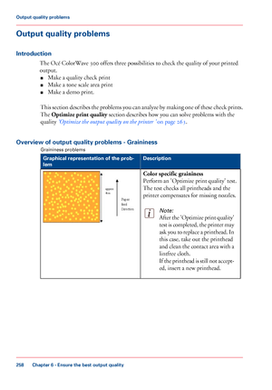 Page 258Output quality problems
Introduction
The Océ ColorWave 300 offers three possibilities to check the quality of your printed
output. ■ Make a quality check print
■ Make

 a tone scale area print
■ Make

 a demo print.
This

 section describes the problems you can analyze by making one of these check prints.
The 
Optimize print quality  section describes how you can solve problems with the
quality ‘Optimize the output quality on the printer ’
 on page 263.
Overview of output quality problems - Graininess...