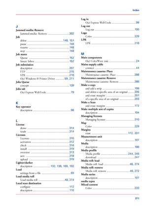 Page 371J
Jammed media: Remove
Jammed media: Remove  ...............................302
Job
delete  ...................................................
148, 151
pause  ............................................................
148
resume  ..........................................................
148
stop  ..............................................................
148
Job states
Queue  ..........................................................
152
Smart  Inbox...