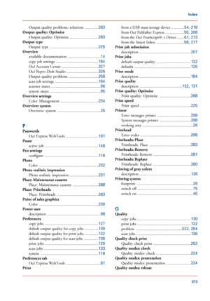 Page 373Output quality problems: solutions
 ..............263
Output quality: Optimize
Output quality: Optimize  .............................
263
Output type
Output  type  .................................................
225
Overview
available  documentation  .................................
14
copy job settings  ...........................................
184
Océ Account Center  .....................................
327
Océ Repro Desk Studio  ................................
326
Output quality problems...