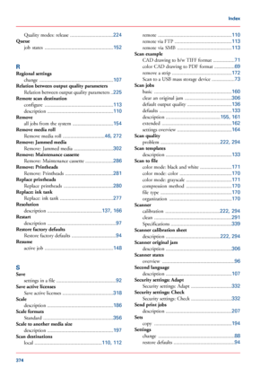 Page 374Quality modes: release
 ..................................224
Queue
job  states  ......................................................
152
R
Regional settings change  ..........................................................
107
Relation between output quality parameters
Relation between output quality parameters  ..
225
Remote scan destination
configure  ......................................................
113
description  ....................................................
110
Remove
all jobs from...