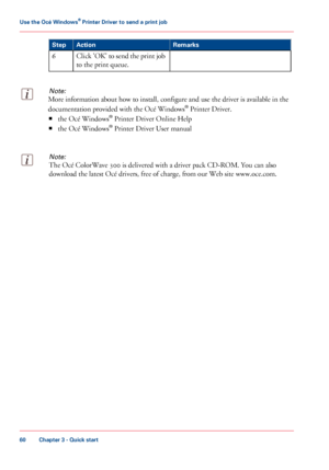 Page 60Remarks
Action
Step
Click 'OK' to send the print job
to the print queue.
6
Note:
More information about how to install, configure and use the driver is available in the
documentation 
provided with the Océ Windows ®
 Printer Driver.
■ the
 Océ 
Windows ®
 Printer Driver Online Help
■ the Océ 
Windows ®
 Printer Driver User manual
Note:
The Océ ColorWave 300 is delivered with a driver pack CD-ROM. You can also
download the latest Océ 
drivers, free of charge, from our Web site www.oce.com. Chapter...