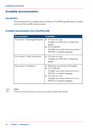 Page 14Available documentation
Introduction
This manual is part of a complete documentation set. The following table shows a complete
overview of the available documentation.
Available 
documentation Océ ColorWave 600 #
Availability
Documentation
•On 
www.oce.com
Available as a PDF file in 
multiple lan-
guages.
• On 
CD-ROM
Available as an online document and as a
PDF

 file in 
multiple languages.
User 
manual - Operating information
•On 
www.oce.com
Available as a PDF file in 
multiple lan-
guages.
User...