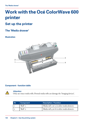 Page 144Work with the Océ ColorWave 600
printer
Set up the printer
The 'Media drawer'
Illustration
Component - function tableAttention:
Only use intact media rolls. Dented media rolls can damage the 'Imaging devices'.
#
Description / Function
Component
Nr
Media roll 3 
or 5 in other media drawers
'Roll' 1
1
Media roll 4 
or 6 in other media drawers
'Roll' 2 2
Chapter 5
 - Use the printing system144The 'Media drawer'
Downloaded From ManualsPrinter.com Manuals 