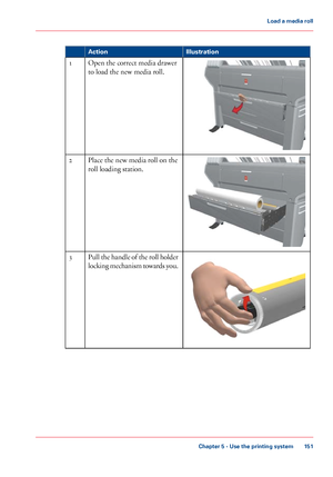 Page 151#
Illustration
Action Open the correct media drawer
to load the new media roll.
1 Place 
the new media roll on the
roll loading
 station.
2 Pull the handle of the roll holder
locking mechanism towards you.3
Chapter 5
 - Use the printing system 151Load a
 media roll
Downloaded From ManualsPrinter.com Manuals 