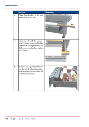 Page 152Illustration
Action Slide the roll holder in the core
of the
 new media roll.
4 Align the roll with the correct
size 
indicator on the roll holder
(At 
the left and right hand side).
Release the handle of the locking
mechanism.
5 Remove the tapes from 
the new
media roll.
 Use both hands (as
indicated) 

to place the media roll
in 
the media drawer. 6
Chapter 5
 - Use the printing system152Load a
 media roll
Downloaded From ManualsPrinter.com Manuals 