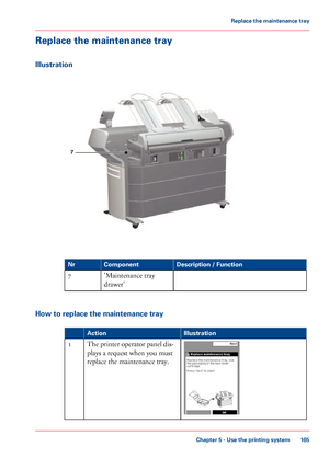 Page 165Replace the maintenance tray
Illustration
#
Description / Function
Component
Nr
'Maintenance tray
drawer'
7
How 
to replace the maintenance tray #
Illustration
Action The 
printer operator panel dis-
plays 
a request when you must
replace the maintenance tray. 1
Chapter 5
 - Use the printing system 165Replace the maintenance tray
Downloaded From ManualsPrinter.com Manuals
7   