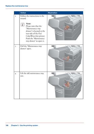 Page 166Illustration
Action Follow the instructions in the
wizard.
Note:
Please note that the
'Maintenance
 tray
drawer' is

 located at the
rear

 
side of the Océ
ColorWave 
600 printer.
Push 
the 'Maintenance
tray drawer'  to open 
it. 2
Pull 
the 'Maintenance tray
drawer' open.
3 Lift 
the old maintenance tray
out. 4
Chapter 5
 - Use the printing system166Replace the maintenance tray
Downloaded From ManualsPrinter.com Manuals 