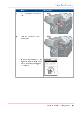 Page 167Illustration
Action Place the empty maintenance
tray.
5 Push 
the 'Maintenance tray
drawer' shut.
6 When the new maintenance tray
is placed correctly, press 'Finish'
on the 'Printer operator panel'
to 
continue.7
Chapter 5
 - Use the printing system 167Replace the maintenance tray
Downloaded From ManualsPrinter.com Manuals 