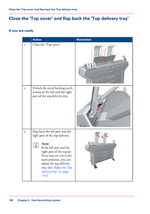 Page 180Close the 'Top cover' and flap back the 'Top delivery tray'
If you are ready
#
Illustration
Action Close the 'Top cover'.
1 Unlock the metal locking mech-
anisms of the left and the right
part of the top delivery tray.
2 Flap 
back the left part and the
right part
 of the top delivery.
Note:
If the left part and the
right 
part of the top de-
livery tray are not in the
same position, you can
adjust

 the top delivery
tray.

 (see  ‘Adjust the 'Top
delivery 
tray'’  on...