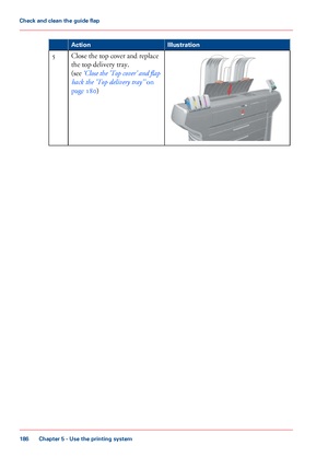 Page 186Illustration
Action Close the top cover and replace
the top
 delivery tray.
(see  ‘Close

 the 'Top cover' and flap
back the 'Top delivery 
tray'’  on
page 180) 5
Chapter 5
 - Use the printing system186Check and clean the guide flap
Downloaded From ManualsPrinter.com Manuals 