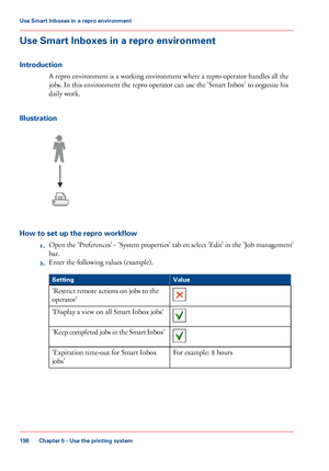 Page 198Use Smart Inboxes in a repro environment
Introduction A repro environment is a working environment where a repro operator handles all the
jobs. 
In this environment the repro operator can use the 'Smart Inbox' to organize his
daily work.
Illustration How to set up the repro workflow
1.Open the 'Preferences' - 'System properties' tab en select 'Edit' in the 'Job management'
bar.
2. Enter the following values (example). #
Value
Setting 'Restrict 
remote actions...