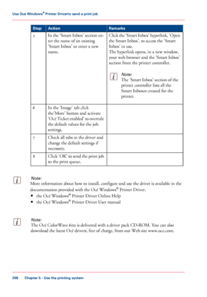 Page 208Remarks
Action
Step
Click the 'Smart Inbox' hyperlink, 'Open
the Smart Inbox', to access the 'Smart
Inbox' in
 use.
The

 
hyperlink opens, in a new window,
your 
web browser and the 'Smart Inbox'
section from
 the printer controller.
Note:
The 'Smart Inbox' section of the
printer controller lists all the
Smart Inboxes

 created for the
printer. In the 'Smart Inbox' section en-
ter 
the name of an existing
'Smart Inbox'
 or enter a new
name.
5
In...